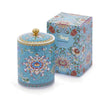 Handcrafted ceramic candle jar with turquoise floral design and gold detailing, scented with Aloe and Sea Salt.