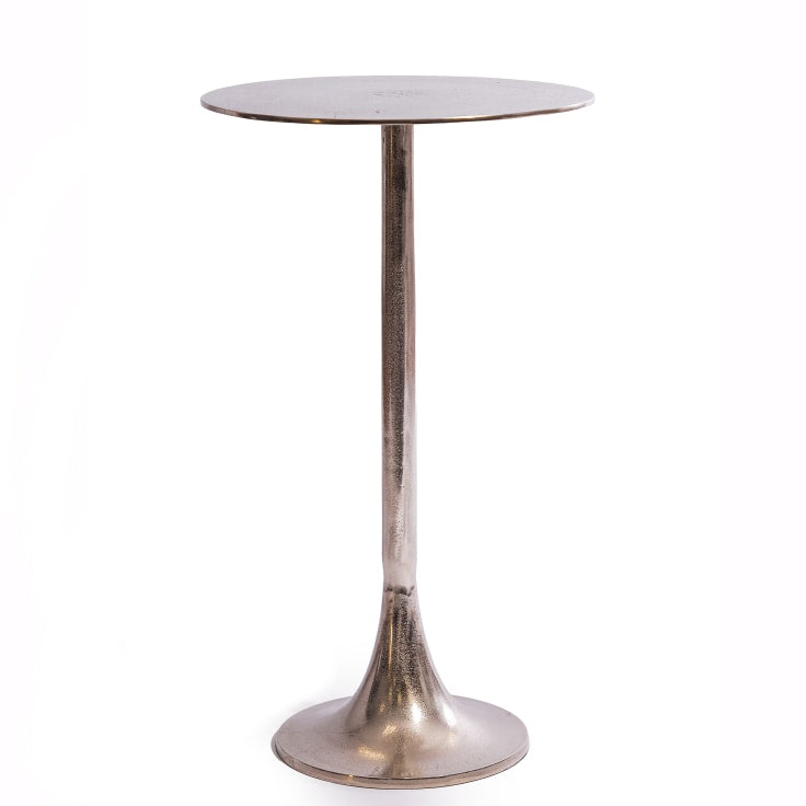 Aluminium side table with raw nickel finish and sculptural pedestal base.