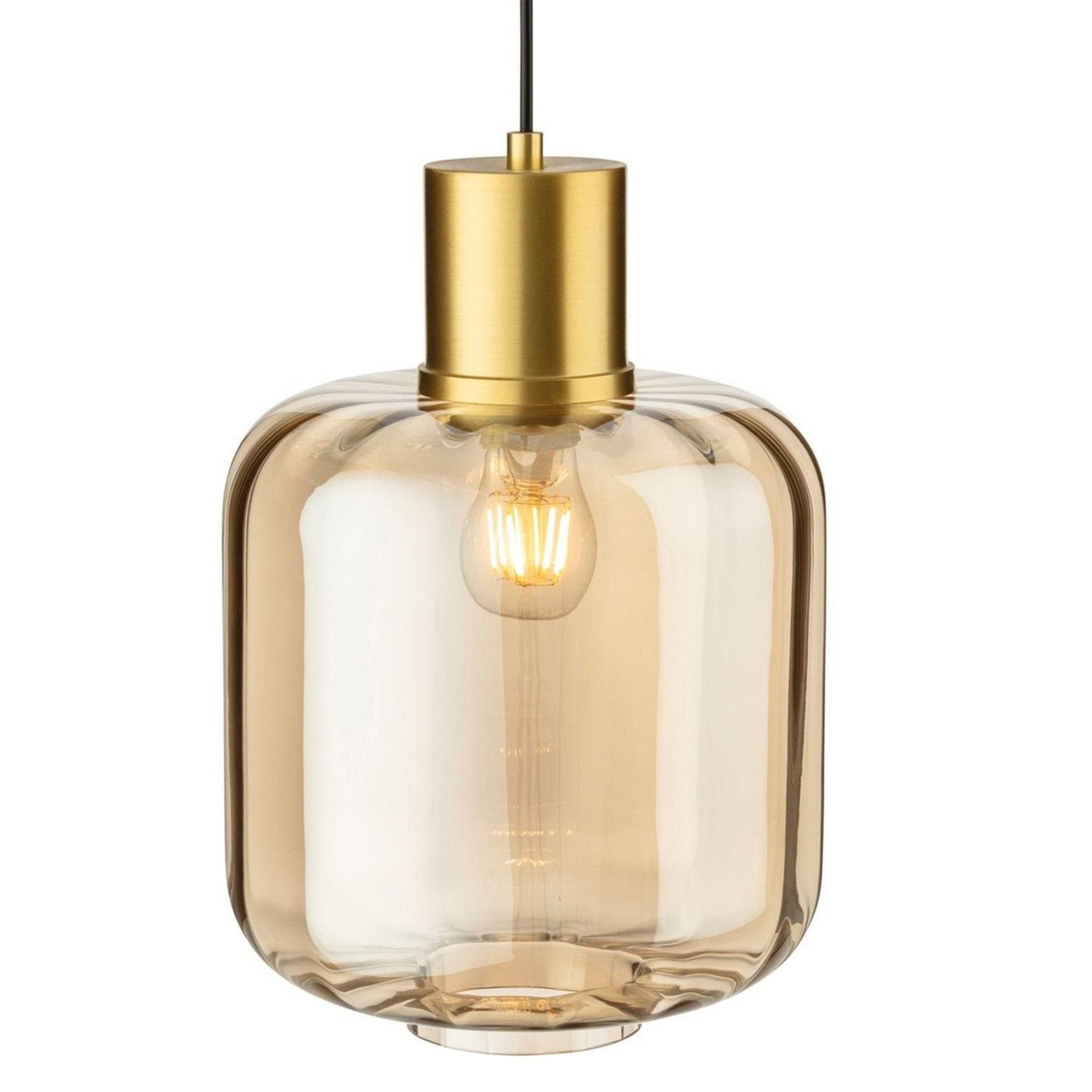 Amber glass pendant light with brushed gold metal top and black flex, ideal for kitchen islands. Height 36 cm, width 26 cm, adjustable hanging height.