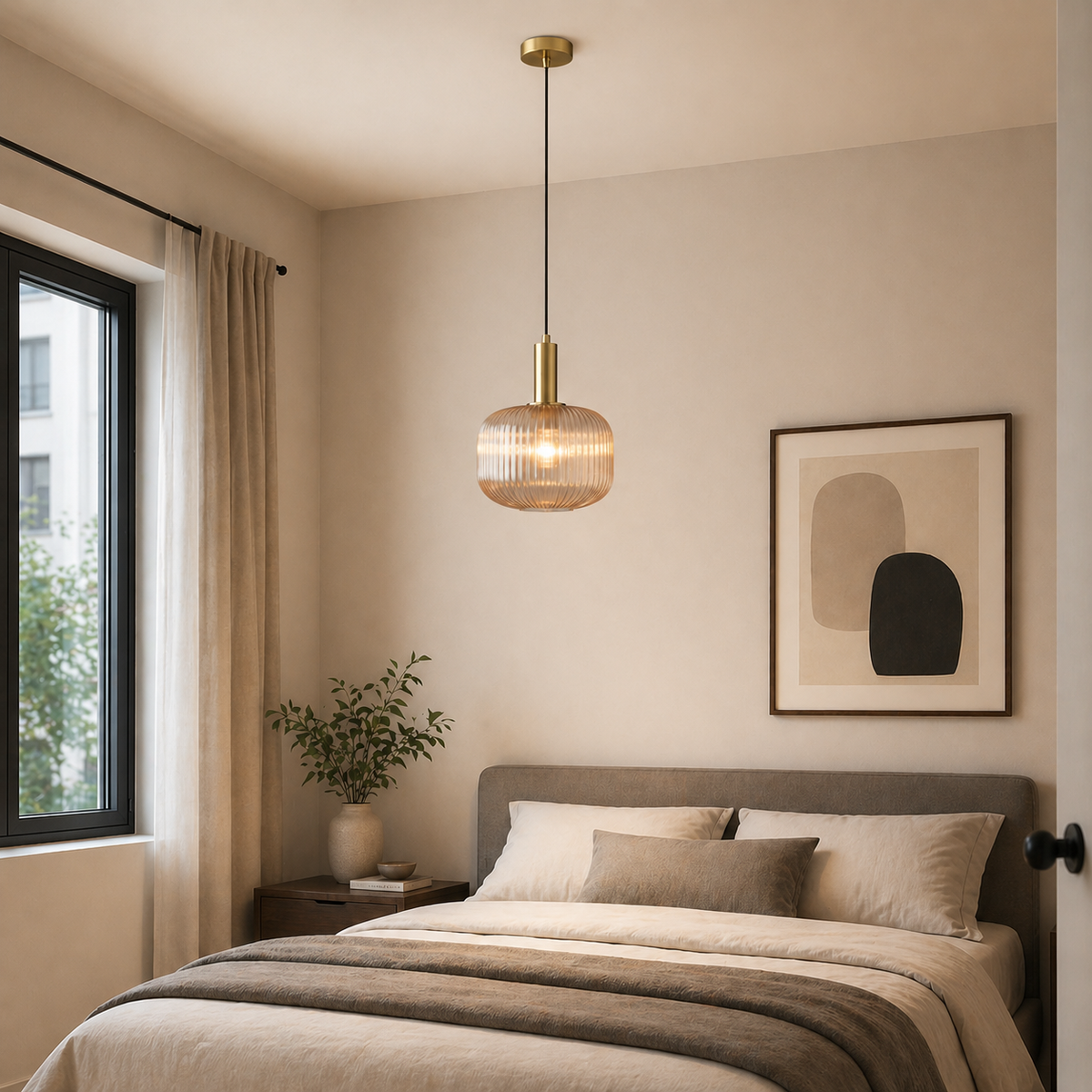 Modern bedroom with a bed, pendant light, and wall art.