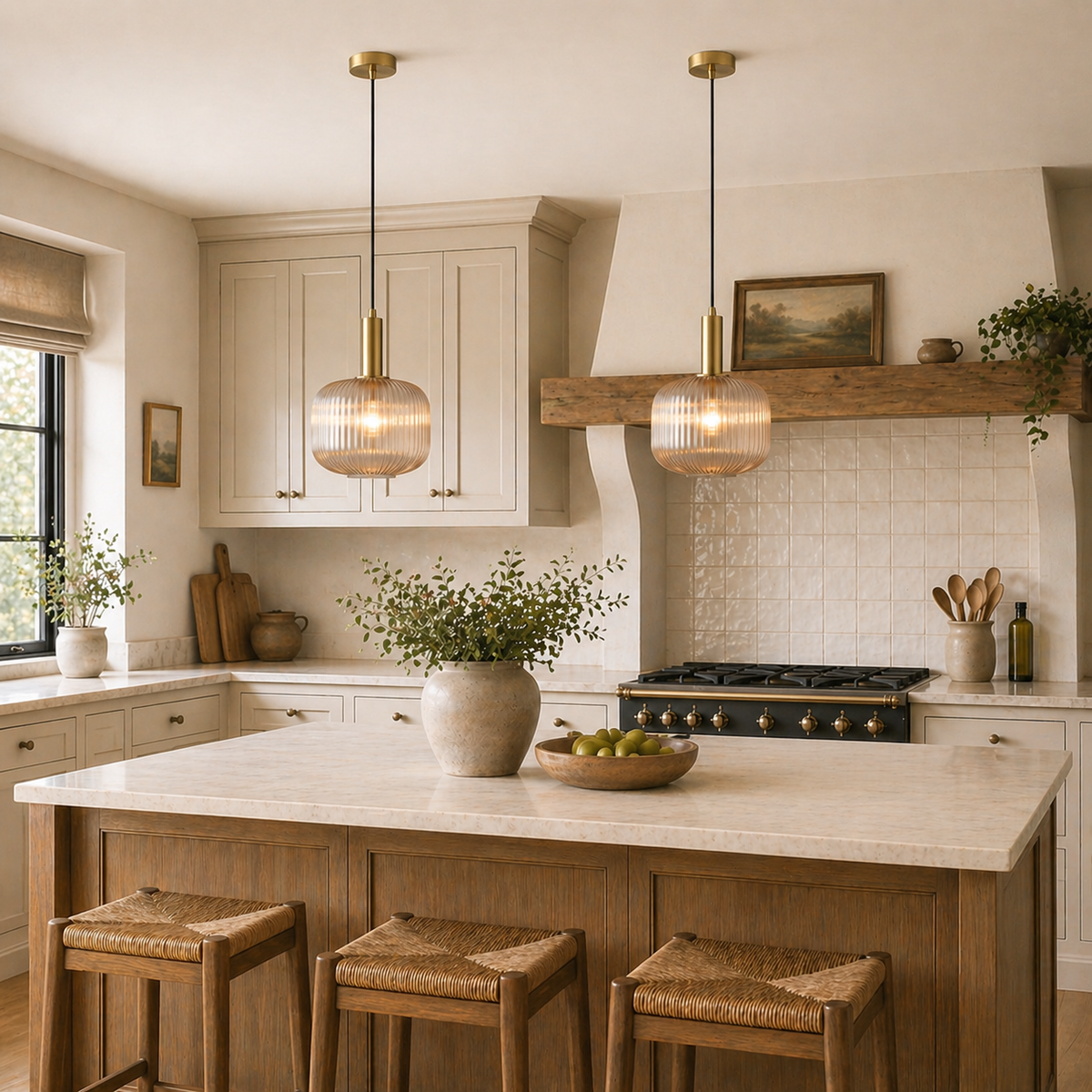 Modern kitchen with marble island, pendant lights, and decorative elements.
