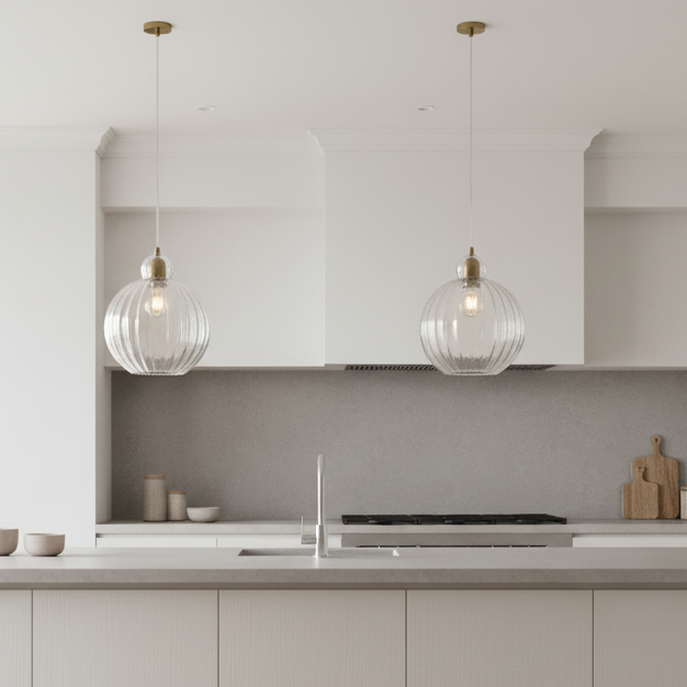 A round ribbed glass pendant light with antique brass metalwork. A pretty, round ribbed shape which would work well in a kitchen,