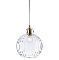 A round ribbed glass pendant light with antique brass metalwork. A pretty, round ribbed shape which would work well in a kitchen, cloakroom or even in a bedroom. The ribbed glass subtly diffuses the light and reduce glare. 