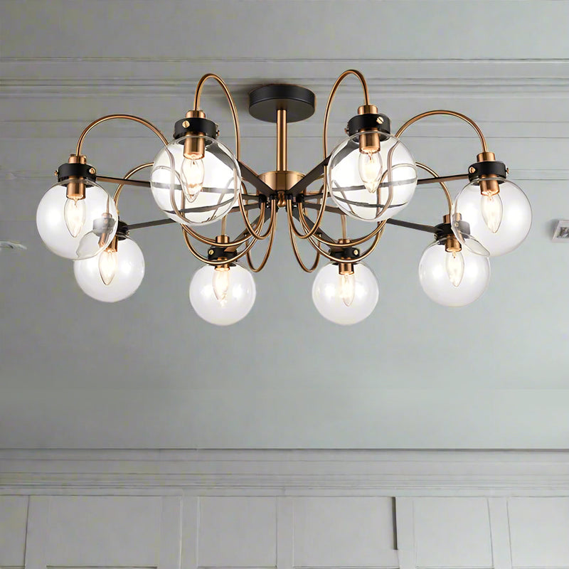 Stunning 8 ball semi flush pendant light on an antique gilt metal frame with a down light. This pendant will spread a lot of light from the ceiling in a kitchen, living room or bedroom, any room with a low ceiling.