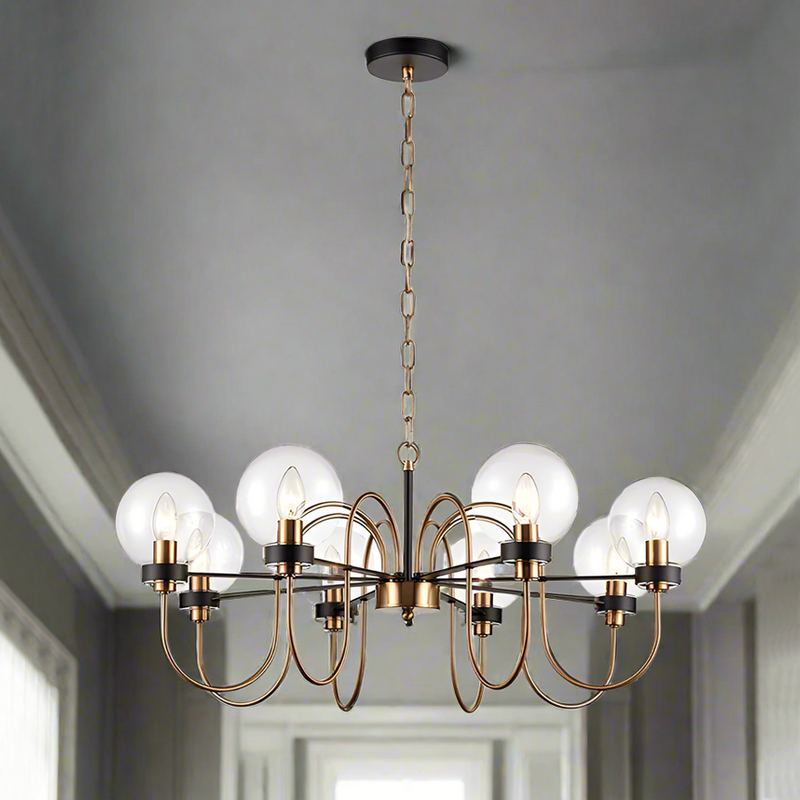 Antique gold curved arm light pendant with eight clear globes, an absolutely stunning pendant, wide enough for the largest room. 