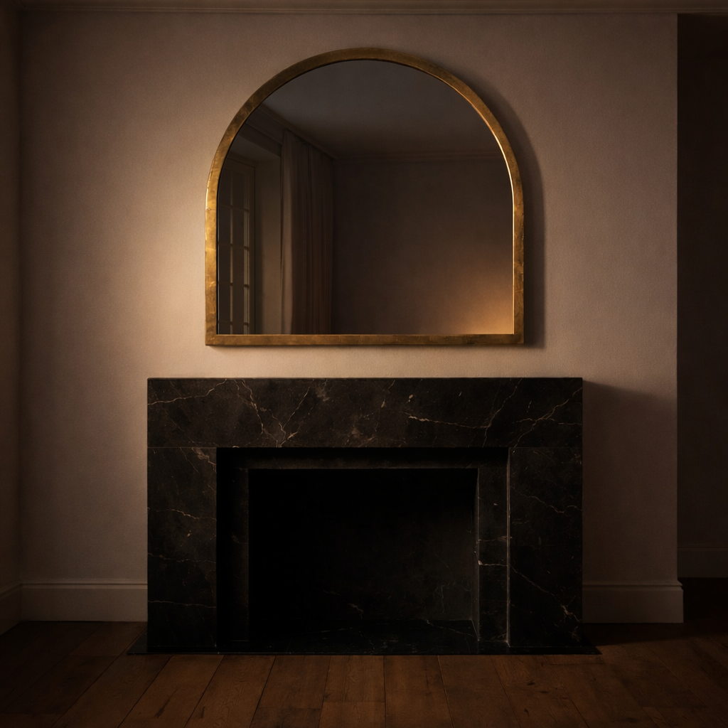 Brass overmantle over a black marble fireplace in a minimalist room with moody lighting and bare wooden floor.