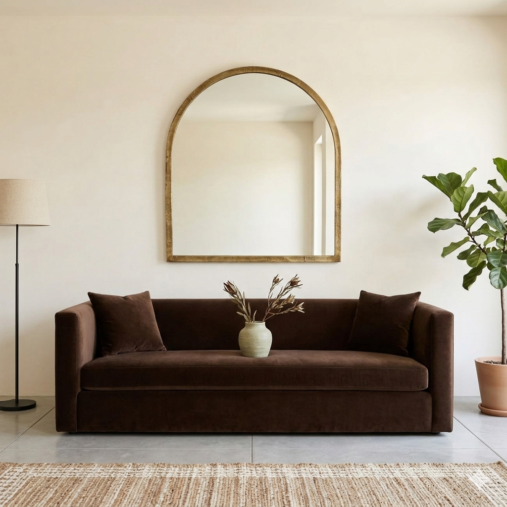Arched brass mirror over a sofa in a sitting room, with plans decorating sofa and floor.