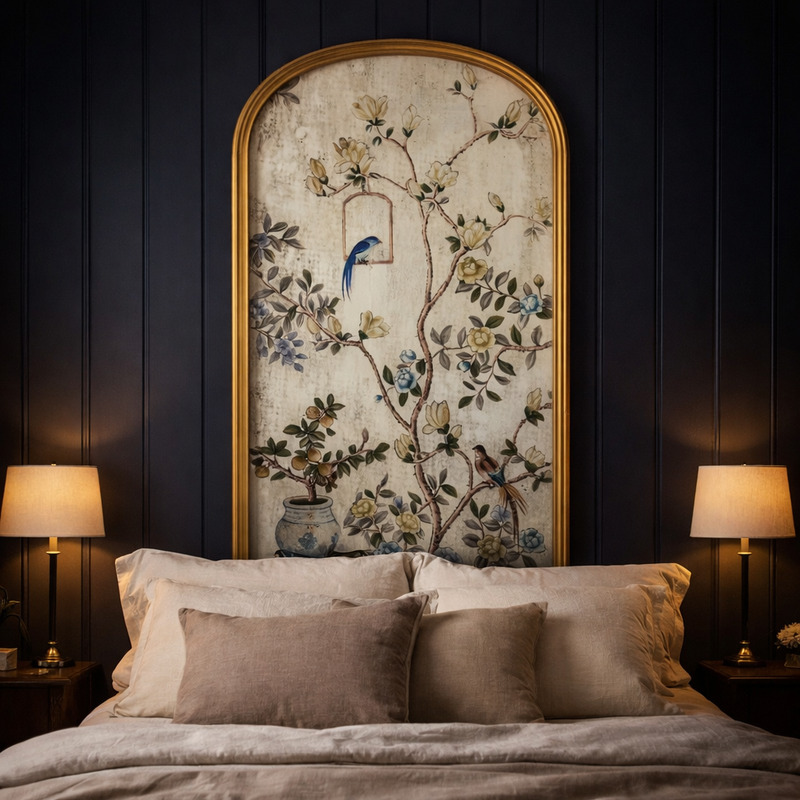 Painted, arched mirror over a linen pillows on a bed with two side lights illuminating  the room, art mirrors for your bedroom walls. 