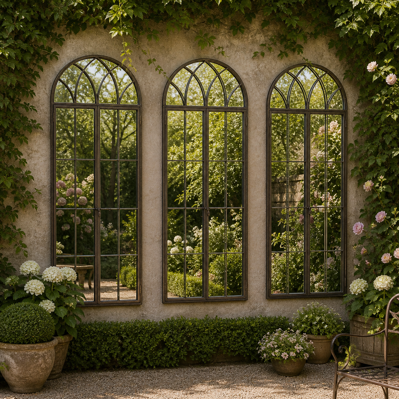 Three large arched window mirrors on a garden wall reflecting a mature garden with bench and pots. 