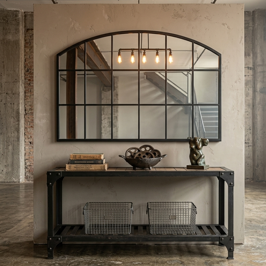 Industrial-style room with a large mirror, console table, and decorative items.