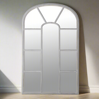 Tall grey painted window mirror with attractive curved panels in a rubbed, vintage finish. Perfect mirror for your hall or sitting room, window mirrors fool the eye, making the area feel so much larger. 