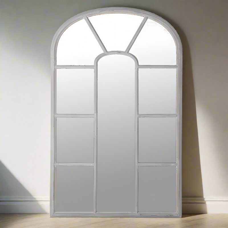 Tall grey painted window mirror with attractive curved panels in a rubbed, vintage finish. Perfect mirror for your hall or sitting room, window mirrors fool the eye, making the area feel so much larger. 