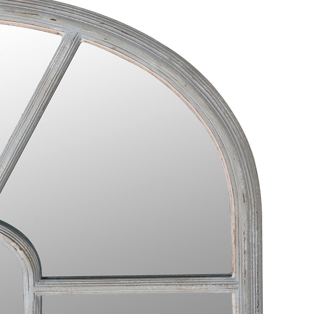 Tall grey painted window mirror with attractive curved panels in a rubbed, vintage finish. Perfect mirror for your hall or sitting room, window mirrors fool the eye, making the area feel so much larger. 