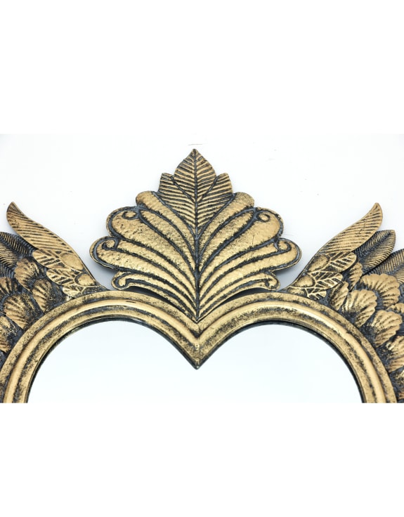 Decorative large gold heart wall mirror with winged feathered frame. 