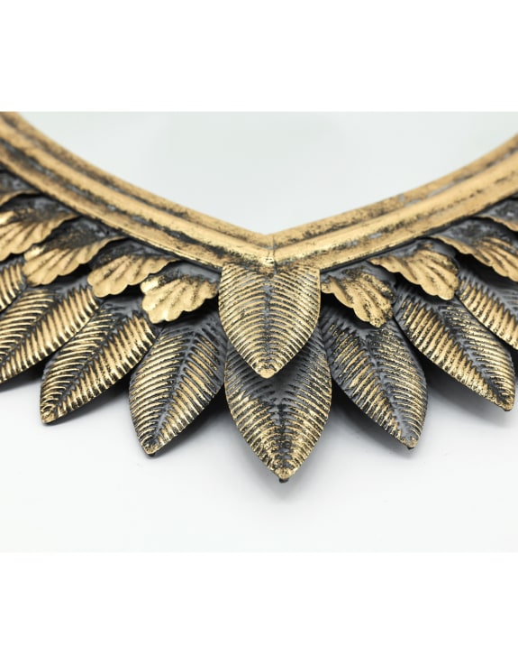 Decorative large gold heart wall mirror with winged feathered frame. 