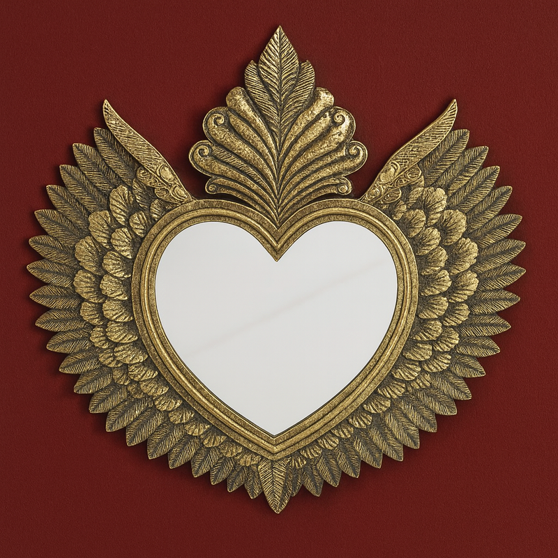 Decorative large gold heart wall mirror with winged feathered frame. 
