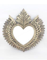 Decorative large gold heart wall mirror with winged feathered frame. 