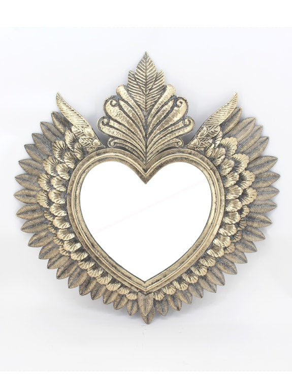 Decorative large gold heart wall mirror with winged feathered frame. 