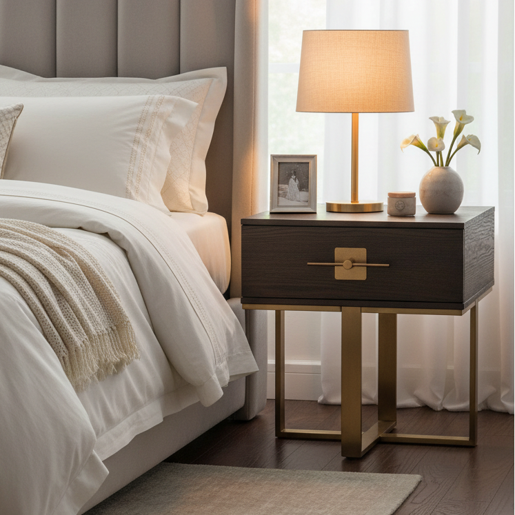 Beautifully designed bedside table in an ash veneer with antique gold accents. A great side table with a contemporary aesthetic, would work well as an occasional table in your living room