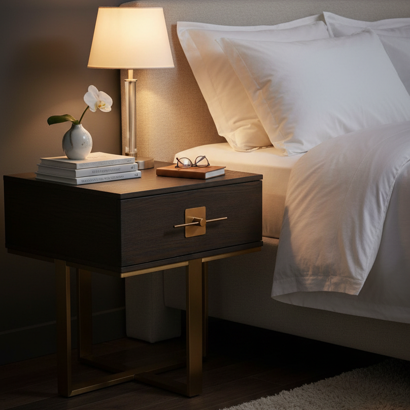 Beautifully designed bedside table in an ash veneer with antique gold accents. A great side table with a contemporary aesthetic, would work well as an occasional table in your living room