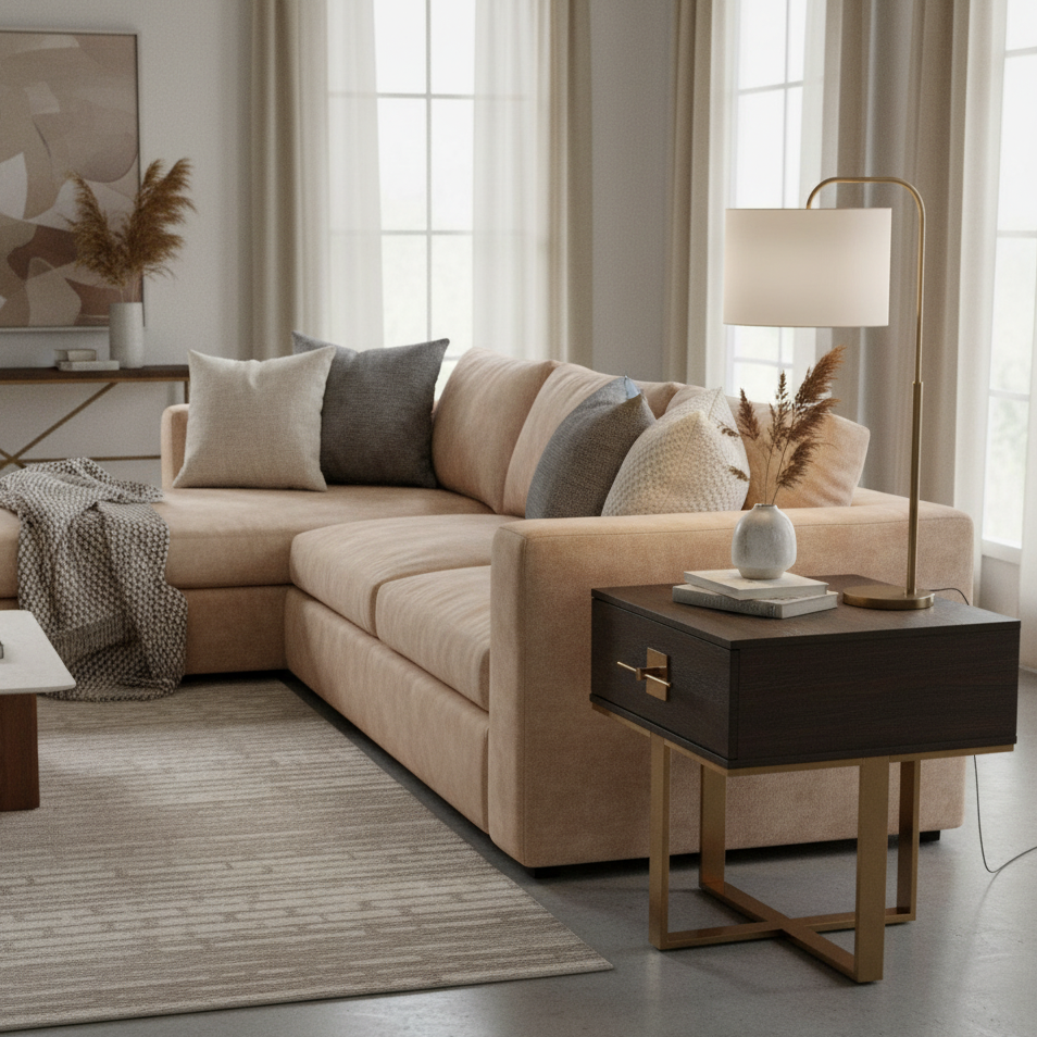 Beautifully designed bedside table in an ash veneer with antique gold accents. A great side table with a contemporary aesthetic, would work well as an occasional table in your living room
