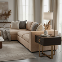 Beautifully designed bedside table in an ash veneer with antique gold accents. A great side table with a contemporary aesthetic, would work well as an occasional table in your living room