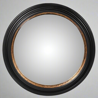 Deep ridged framed black convex mirror, at 85 cm, one of the larger convex mirrors we stock, perfect for a home office, as an overmantle and especially in a hall, the mirror is on a neutral background. 