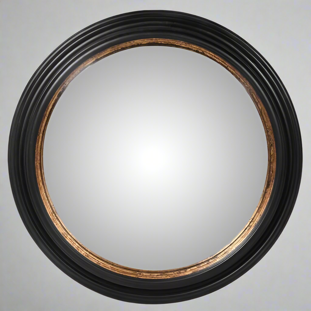 Deep ridged framed black convex mirror, at 85 cm, one of the larger convex mirrors we stock, perfect for a home office, as an overmantle and especially in a hall, the mirror is on a neutral background. 