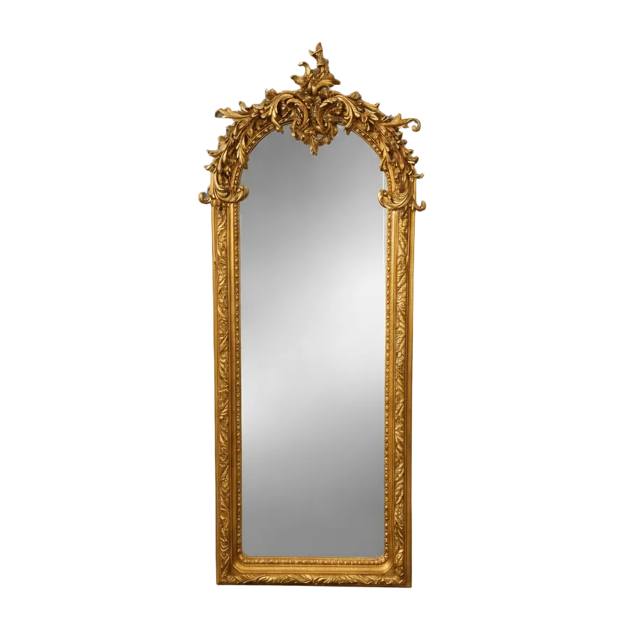 Baroque gold full-length wall mirror with ornate carved frame and arched top