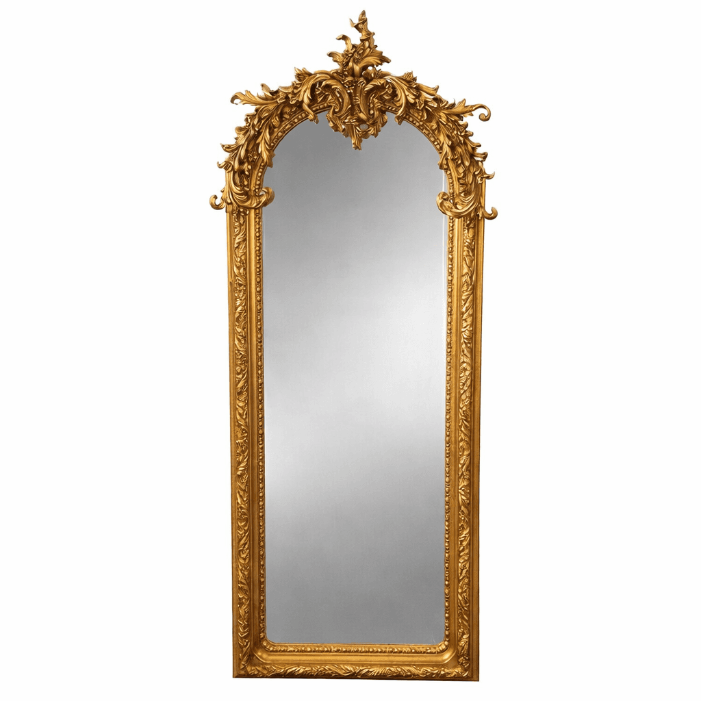 Baroque gold full-length wall mirror with ornate carved frame and arched top