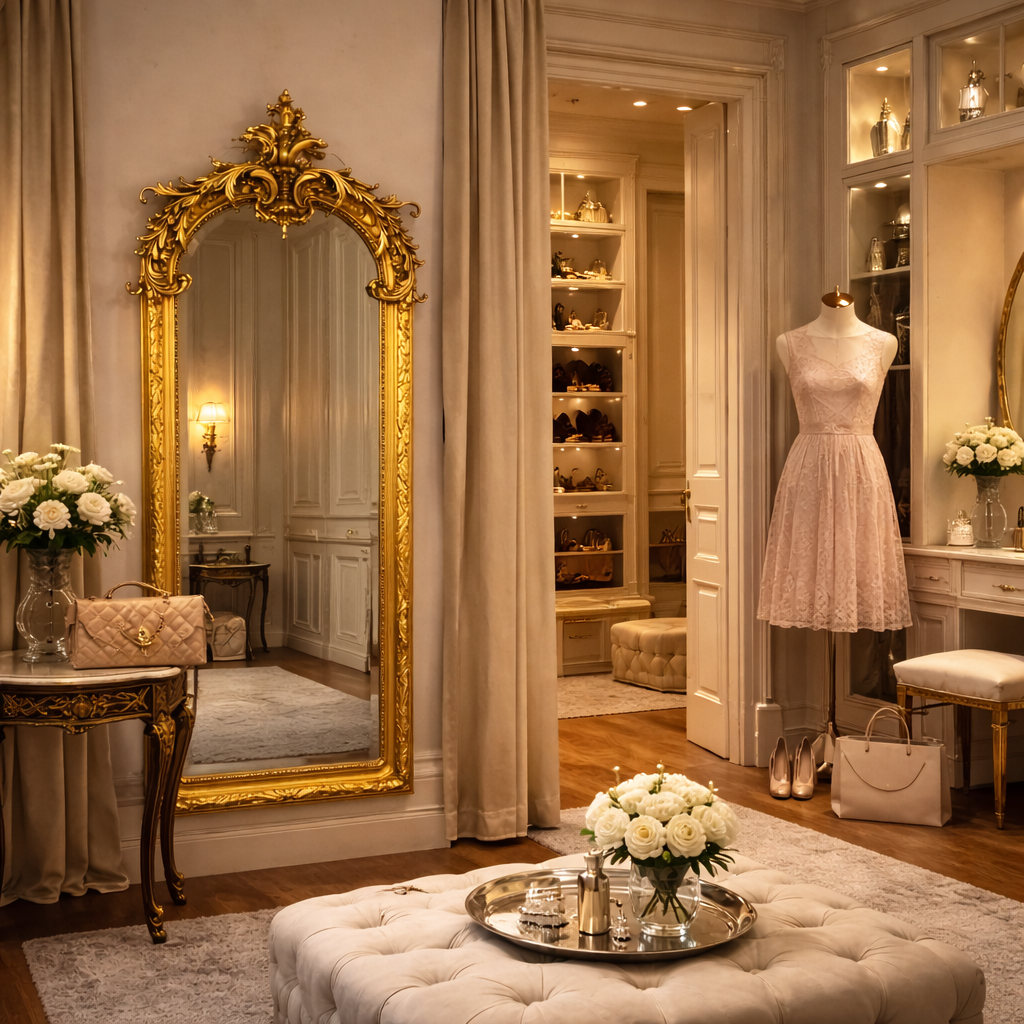 Dressing room mirror in a luxurious setting.