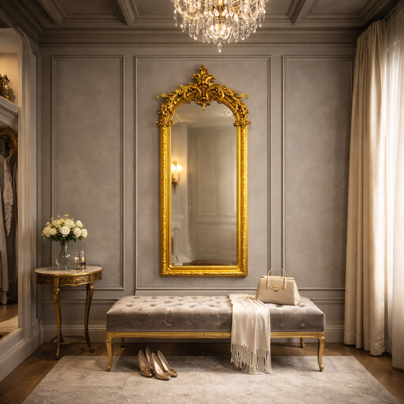Ornate mirror in a luxurious bedroom setting.