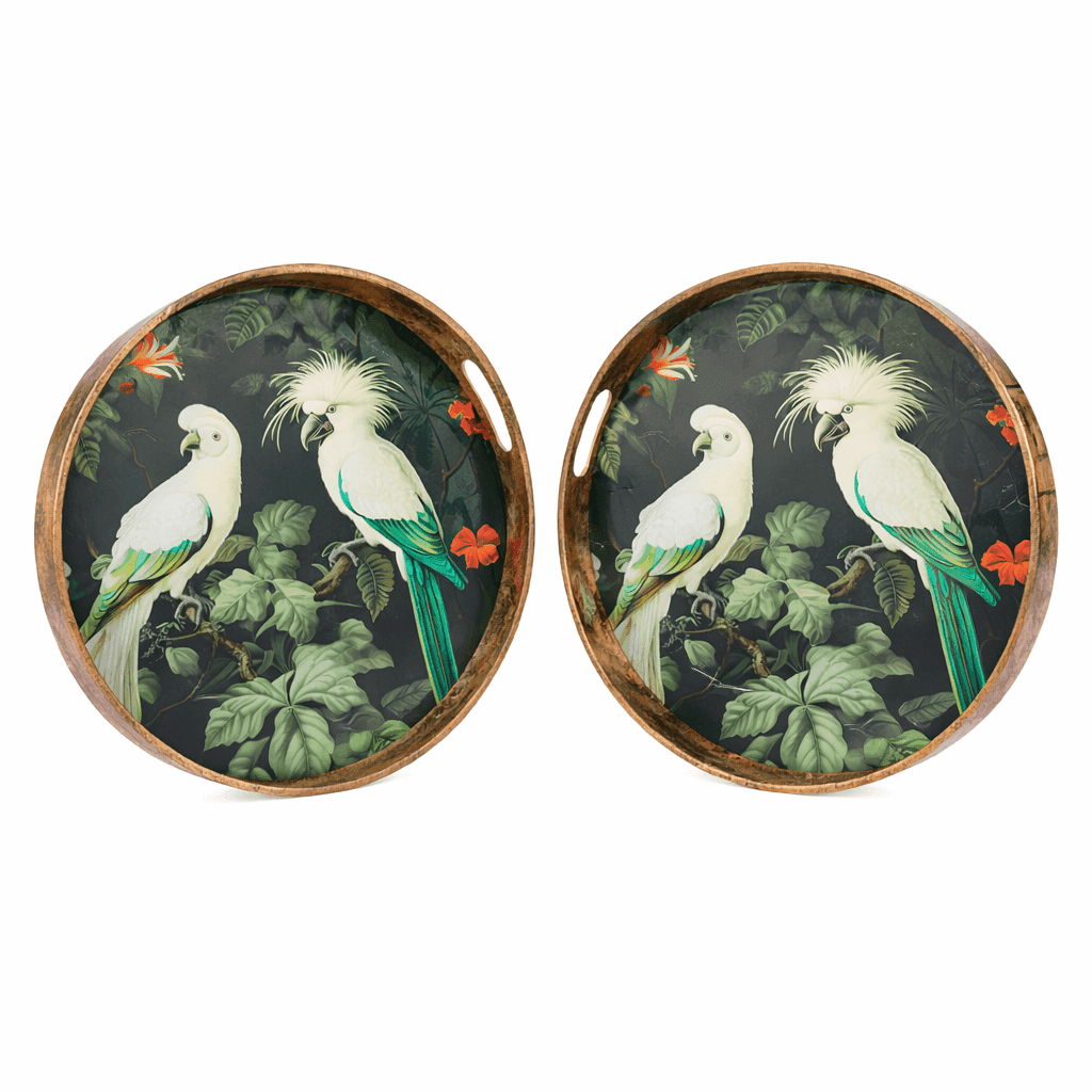 two sizes of exotic lacquered trays on a neutral background.