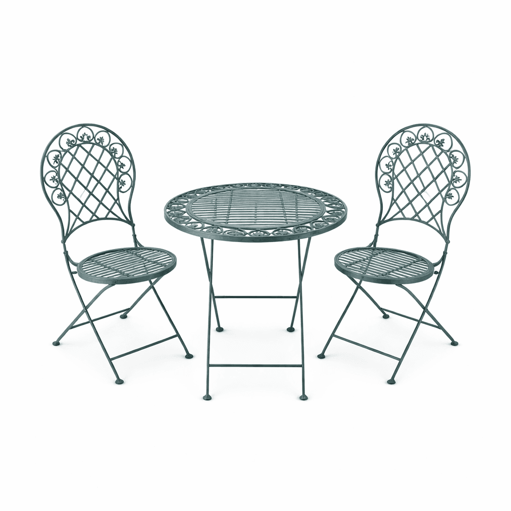 Three piece metal bistro set, placed on a white background.