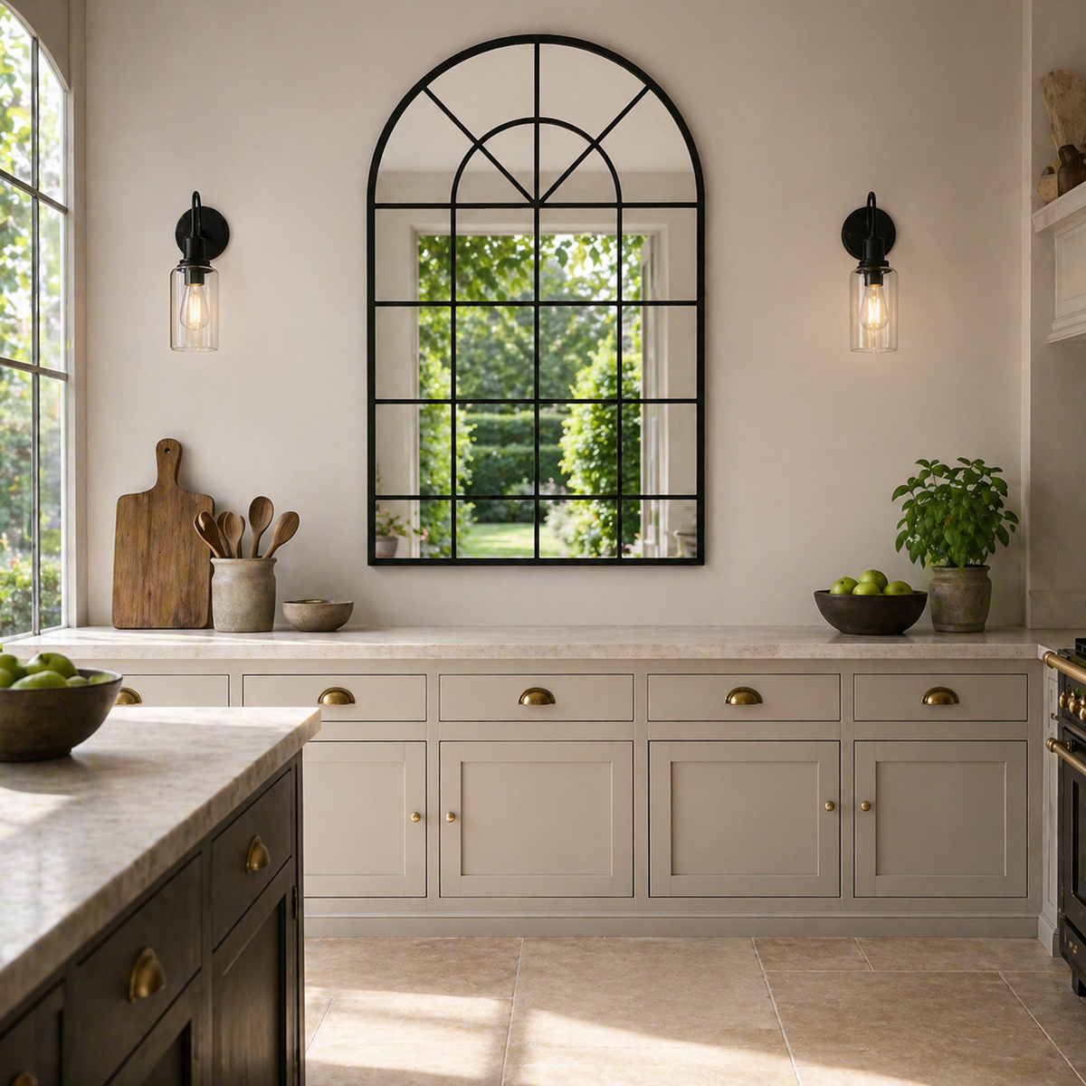 Black arched window mirror above a sideboard, in a kitchen