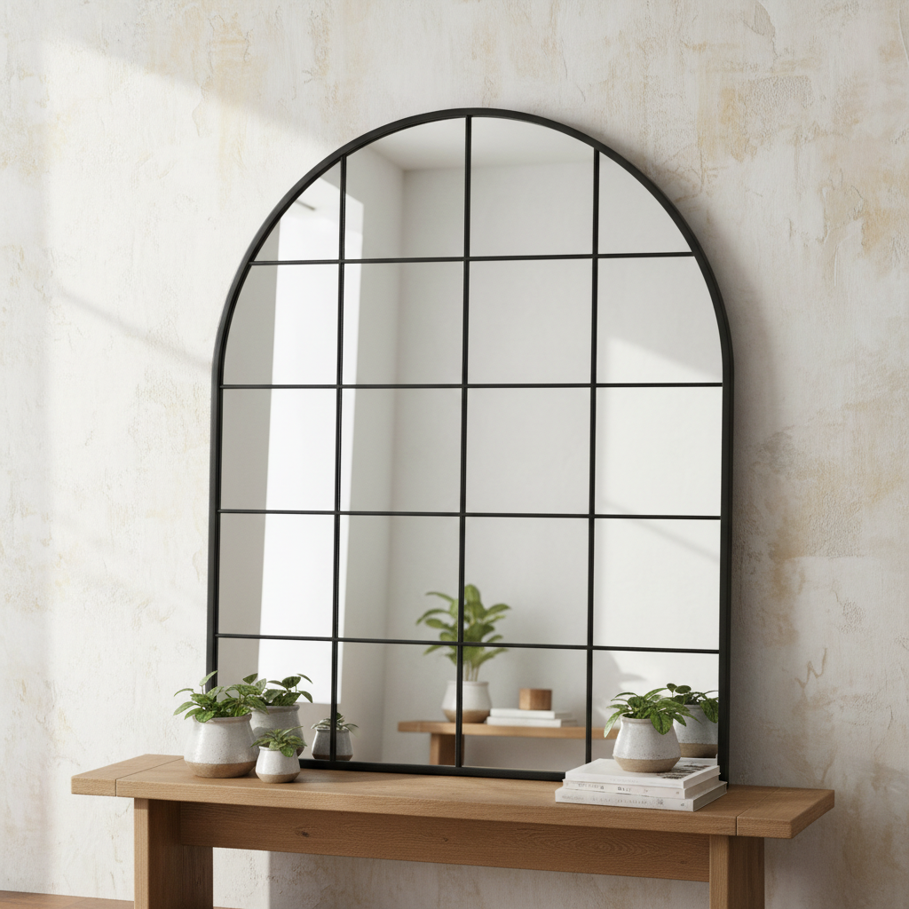 Black arched window mirror in a living room