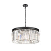 Black metal crystal prism chandelier, a halo of light that works whatever ceiling height you have, a new take on the classic chandelier. This is the perfect size for a sitting room, over a dining table to give your space a high end luxurious look.