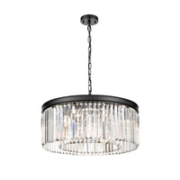 Black metal crystal prism chandelier, a halo of light that works whatever ceiling height you have, a new take on the classic chandelier. This is the perfect size for a sitting room, over a dining table to give your space a high end luxurious look.