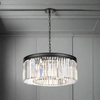 Black metal crystal prism chandelier, a halo of light that works whatever ceiling height you have, a new take on the classic chandelier. This is the perfect size for a sitting room, over a dining table to give your space a high end luxurious look.