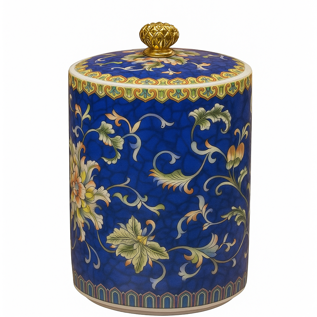 Handcrafted blue ceramic scented candle jar with floral design and gold detailing, scented with Black Cedar.