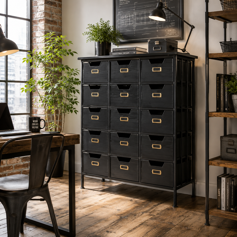 Black metal bank of 18 drawers, with gilt drawer label accents, in an urban office setting, on a distressed wooden floor, with industrial style lighting and furniture, wooden shelving and desk.