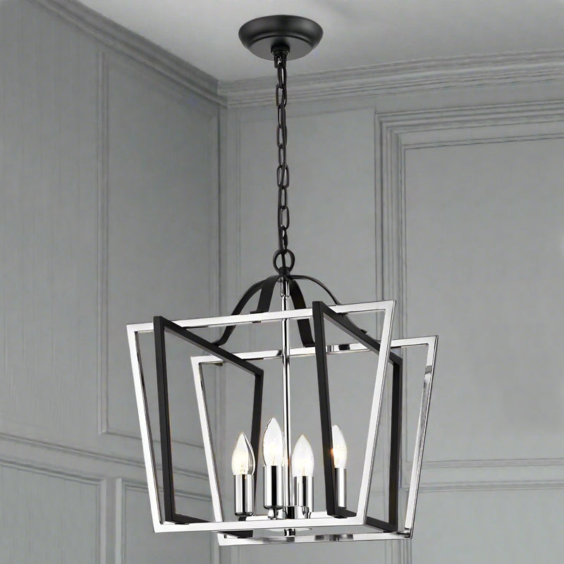 Chrome and black geometric lantern pendant light with layered metal frame