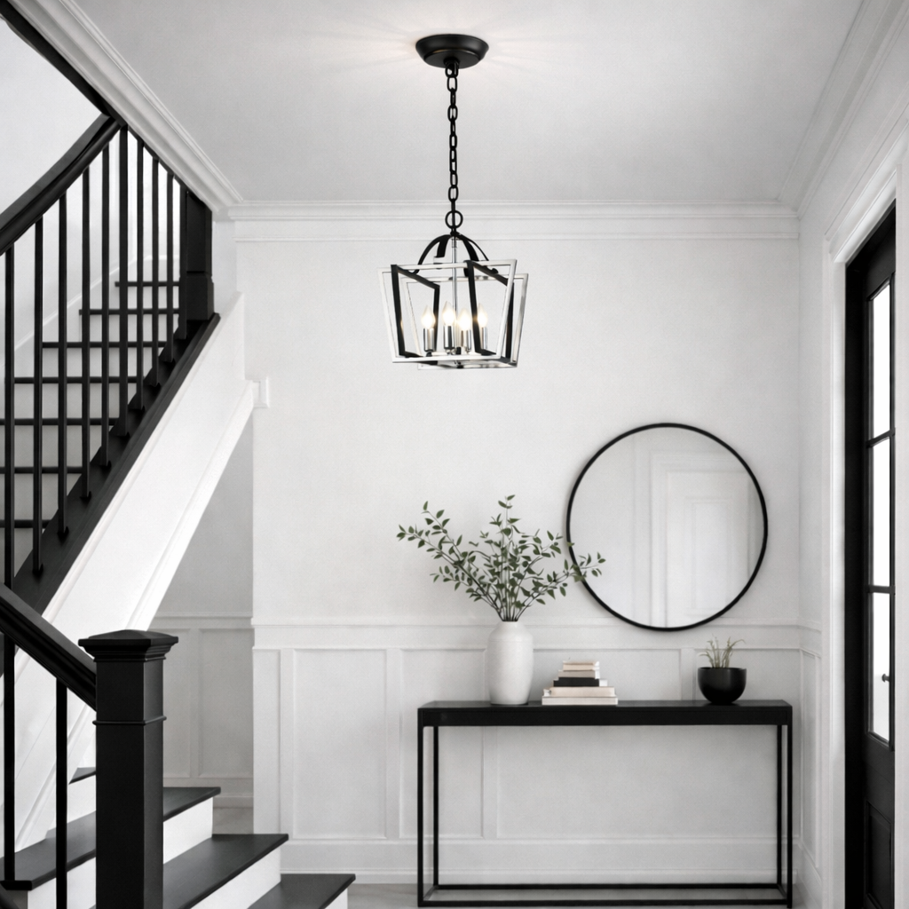 Chrome and black geometric lantern pendant light with layered metal frame
