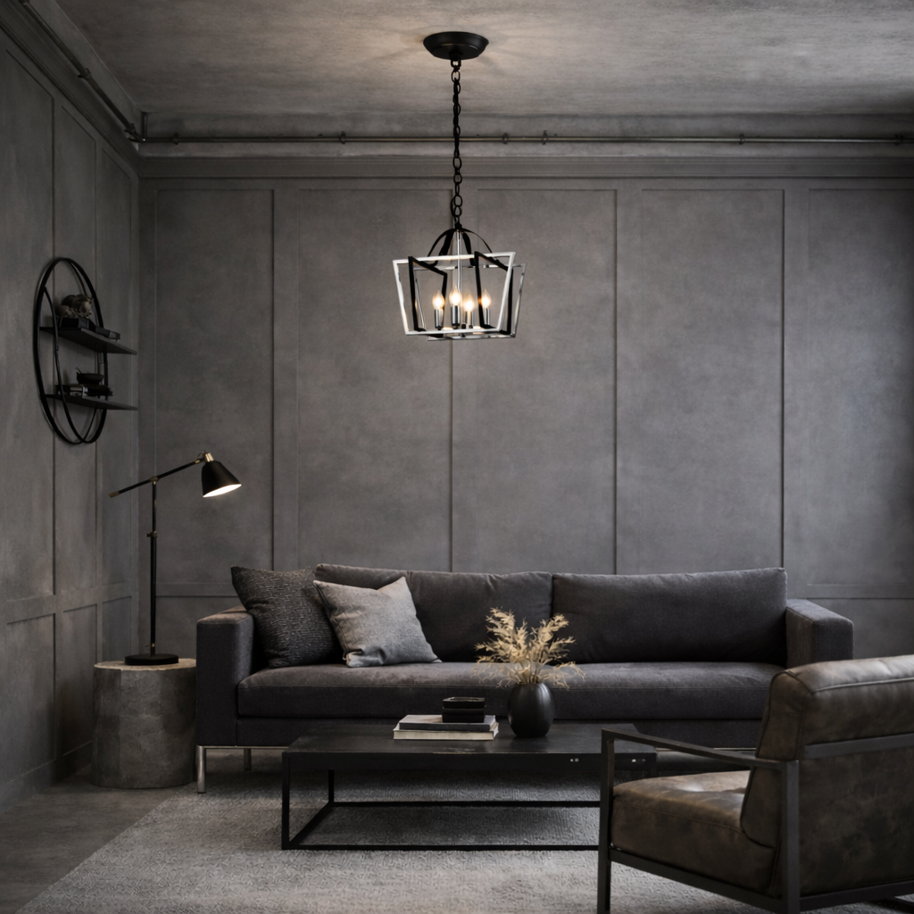Modern living room with gray sofa, coffee table, and pendant light.