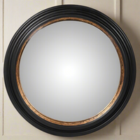 Large round black convex wall mirror with an antiqued gold inner ring accent on a clean white background.