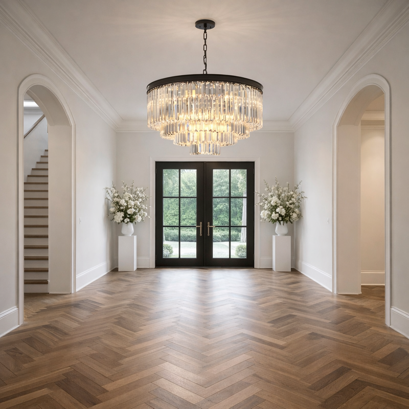 Luxurious interior with a chandelier, arched doorways, and a staircase.
