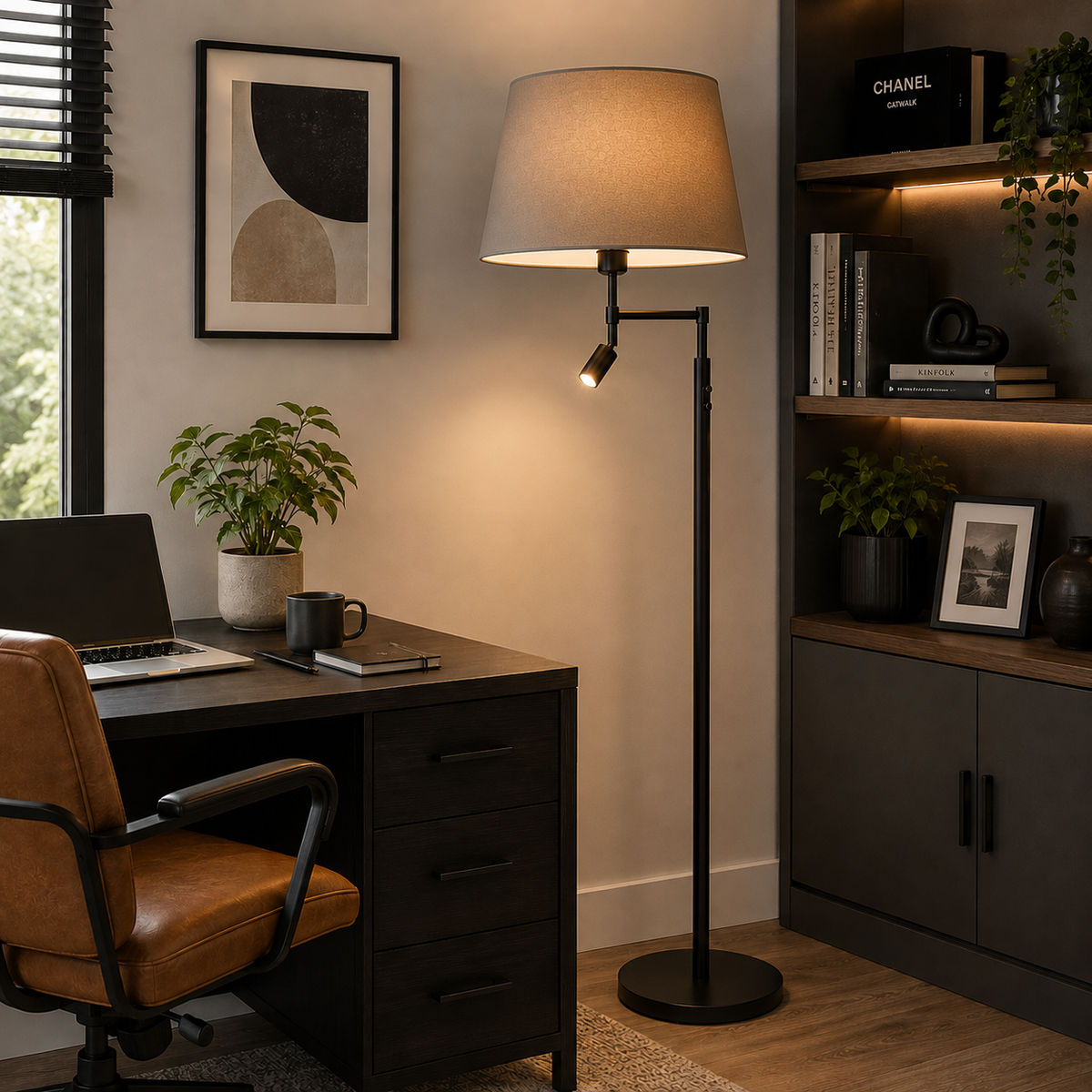 A black floor lamp with pale coloured shade next to a desk in a home office setting, the directional light shining on to the desk.