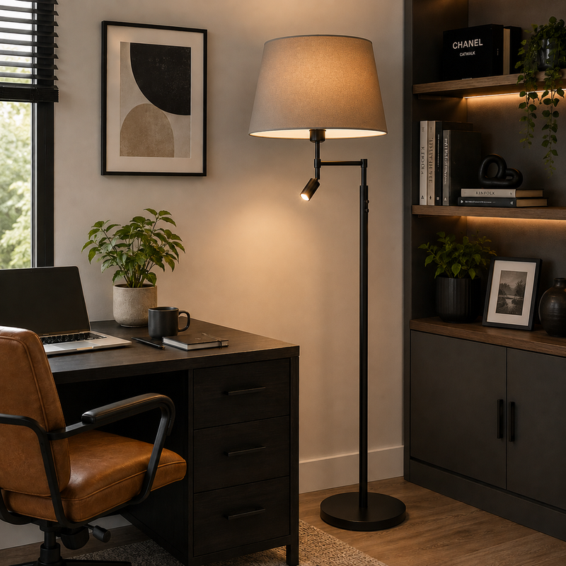 A black floor lamp with pale coloured shade next to a desk in a home office setting, the directional light shining on to the desk.