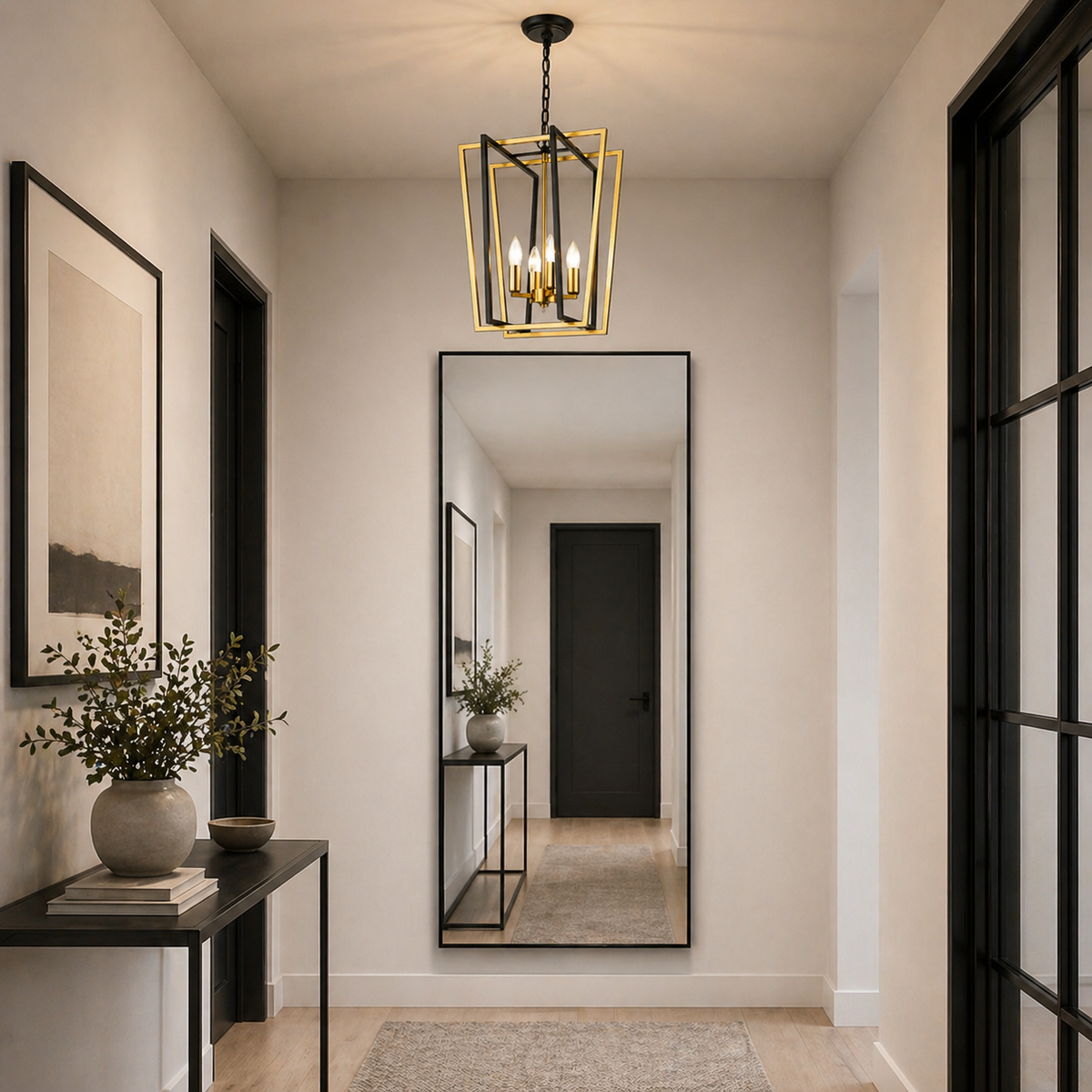 Tall black and gilt lantern in a luxury hallway setting next to black industrial, minimal framed mirror and console table .