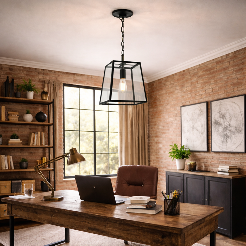 Black trapezoid shaped glass lantern, perfect hall or porch light. It has an industrial twist that suits a period house or the most contemporary interior